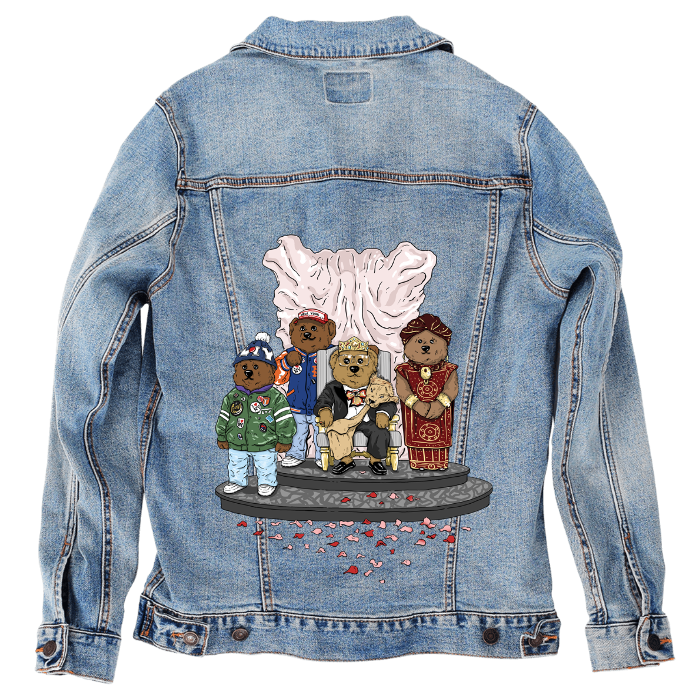Customer Designed Custom Denim Jacket (hand-crafted) with 3 color choices of jacket: Stonewash, White, or Black. Unisex XS S M L XL 2X 3X. USA hand-crafted and USA digitally printed. Ships free within the USA & also ships Internationally.