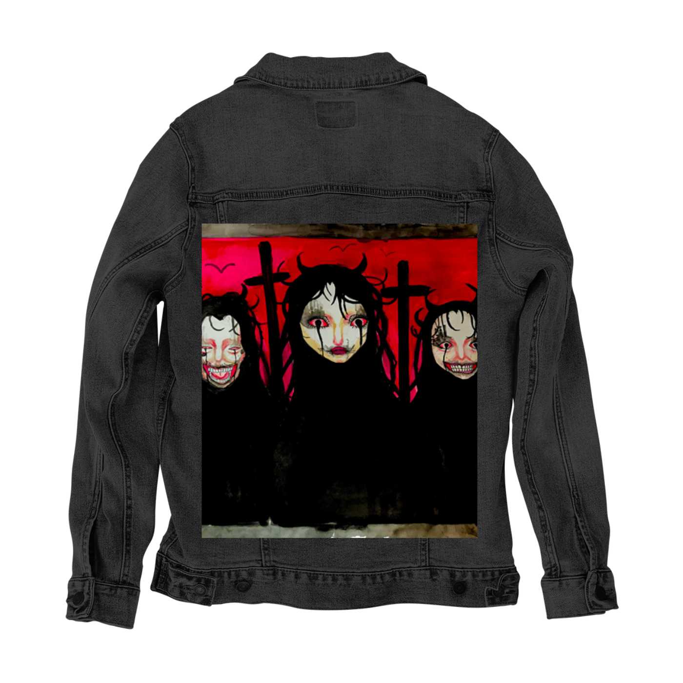 Customer Designed Custom Denim Jacket (hand-crafted) with 3 color choices of jacket: Stonewash, White, or Black. Unisex XS S M L XL 2X 3X. USA hand-crafted and USA digitally printed. Ships free within the USA & also ships Internationally.