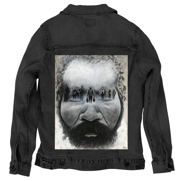 Customer Designed Custom Denim Jacket (hand-crafted) with 3 color choices of jacket: Stonewash, White, or Black. Unisex XS S M L XL 2X 3X. USA hand-crafted and USA digitally printed. Ships free within the USA & also ships Internationally.