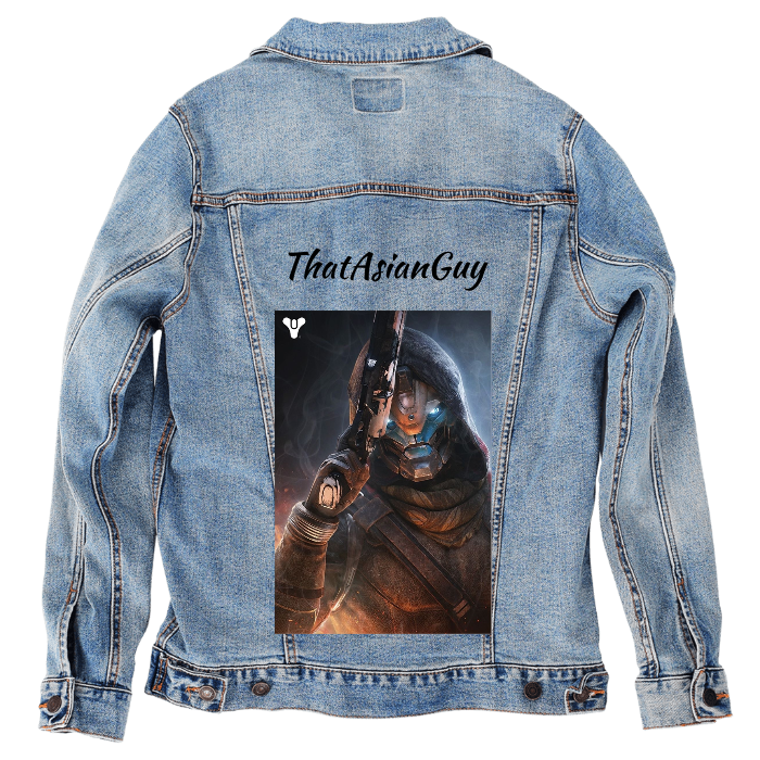 Customer Designed Custom Denim Jacket (hand-crafted) with 3 color choices of jacket: Stonewash, White, or Black. Unisex XS S M L XL 2X 3X. USA hand-crafted and USA digitally printed. Ships free within the USA & also ships Internationally.