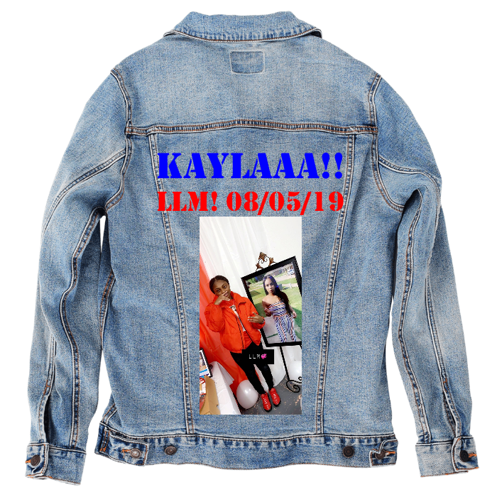 Customer Designed Custom Denim Jacket (hand-crafted) with 3 color choices of jacket: Stonewash, White, or Black. Unisex XS S M L XL 2X 3X. USA hand-crafted and USA digitally printed. Ships free within the USA & also ships Internationally.