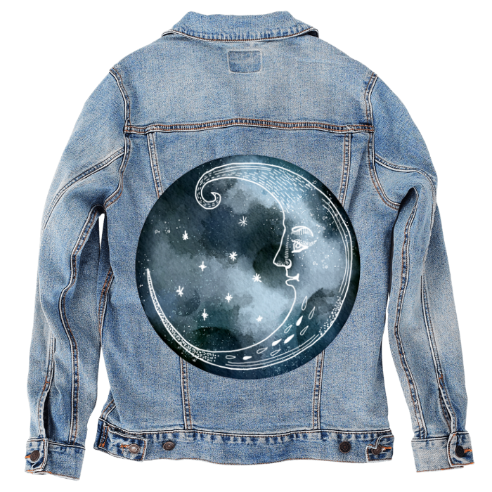 Customer Designed Custom Denim Jacket (hand-crafted) with 3 color choices of jacket: Stonewash, White, or Black. Unisex XS S M L XL 2X 3X. USA hand-crafted and USA digitally printed. Ships free within the USA & also ships Internationally.
