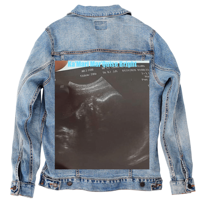Customer Designed Custom Denim Jacket (hand-crafted) with 3 color choices of jacket: Stonewash, White, or Black. Unisex XS S M L XL 2X 3X. USA hand-crafted and USA digitally printed. Ships free within the USA & also ships Internationally.