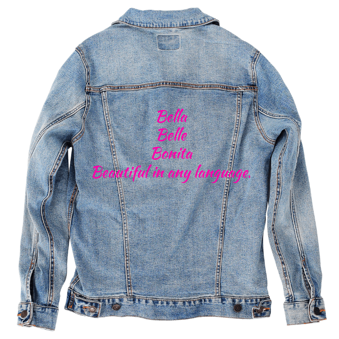 Customer Designed Custom Denim Jacket (hand-crafted) with 3 color choices of jacket: Stonewash, White, or Black. Unisex XS S M L XL 2X 3X. USA hand-crafted and USA digitally printed. Ships free within the USA & also ships Internationally.