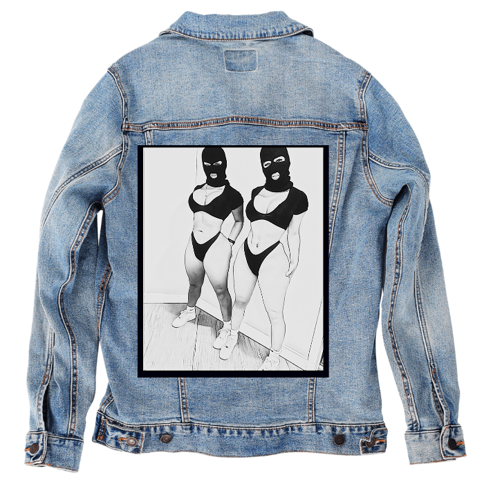 Customer Designed Custom Denim Jacket (hand-crafted) with 3 color choices of jacket: Stonewash, White, or Black. Unisex XS S M L XL 2X 3X. USA hand-crafted and USA digitally printed. Ships free within the USA & also ships Internationally.