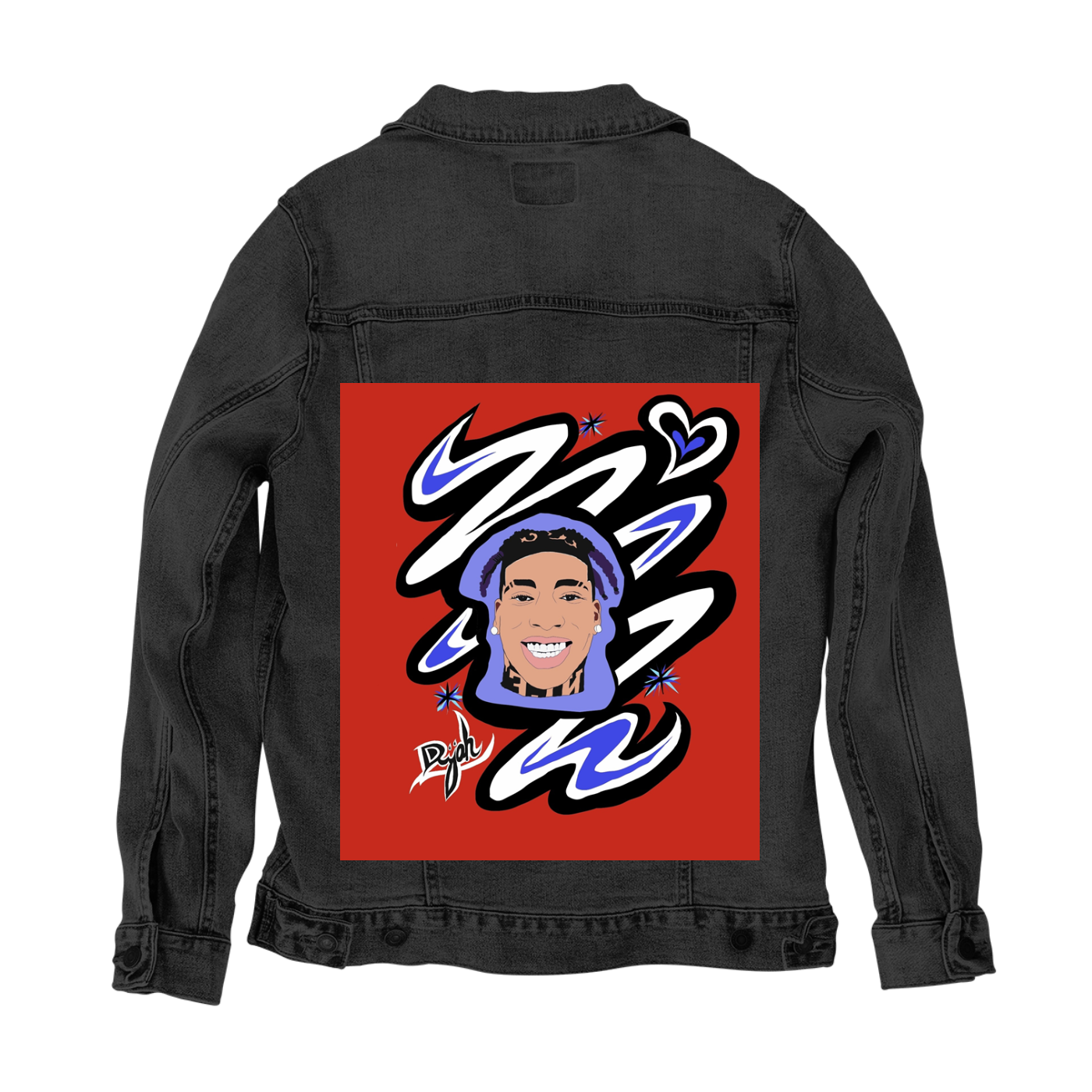 Customer Designed Custom Denim Jacket (hand-crafted) with 3 color choices of jacket: Stonewash, White, or Black. Unisex XS S M L XL 2X 3X. USA hand-crafted and USA digitally printed. Ships free within the USA & also ships Internationally.