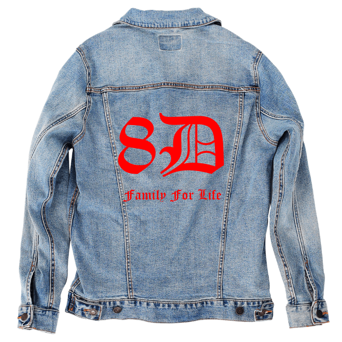 Customer Designed Custom Denim Jacket (hand-crafted) with 3 color choices of jacket: Stonewash, White, or Black. Unisex XS S M L XL 2X 3X. USA hand-crafted and USA digitally printed. Ships free within the USA & also ships Internationally.
