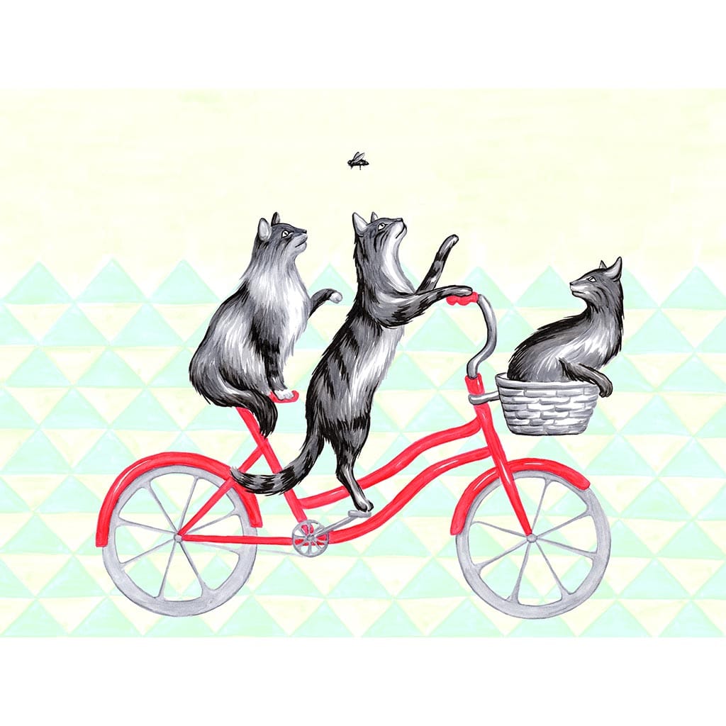CATS RIDING A BICYCLE by AMELIA LEGAULT, digitally printed on DENIM products: throw pillows, aprons, table place mats, and hand-made Unisex Denim Jackets in 3 color choices CATS RIDING A BICYCLE by AMELIA LEGAULT, digitally printed on DENIM products: throw pillows, aprons, table place mats, and hand-made Unisex Denim Jackets in 3 color choices