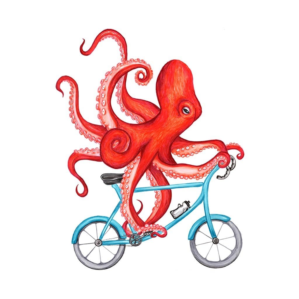OCTOPUS RIDING A BICYCLE by AMELIA LEGAULT, digitally printed on DENIM products: throw pillows, aprons, table place mats, and hand-made Unisex Denim Jackets in 3 color choices OCTOPUS RIDING A BICYCLE by AMELIA LEGAULT, digitally printed on DENIM products: throw pillows, aprons, table place mats, and hand-made Unisex Denim Jackets in 3 color choices