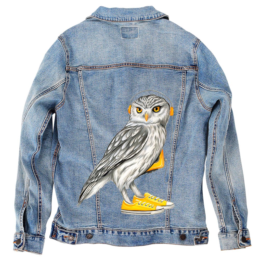 Owl Wearing Converse Shoes by Amelie Legault Unisex Denim Jacket