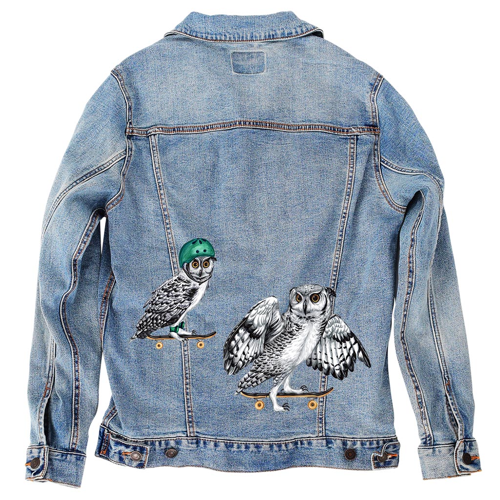 OWLS ON SKATEBOARDS by AMELIA LEGAULT, digitally printed on DENIM products: throw pillows, aprons, table place mats, and hand-made Unisex Denim Jackets in 3 color choices