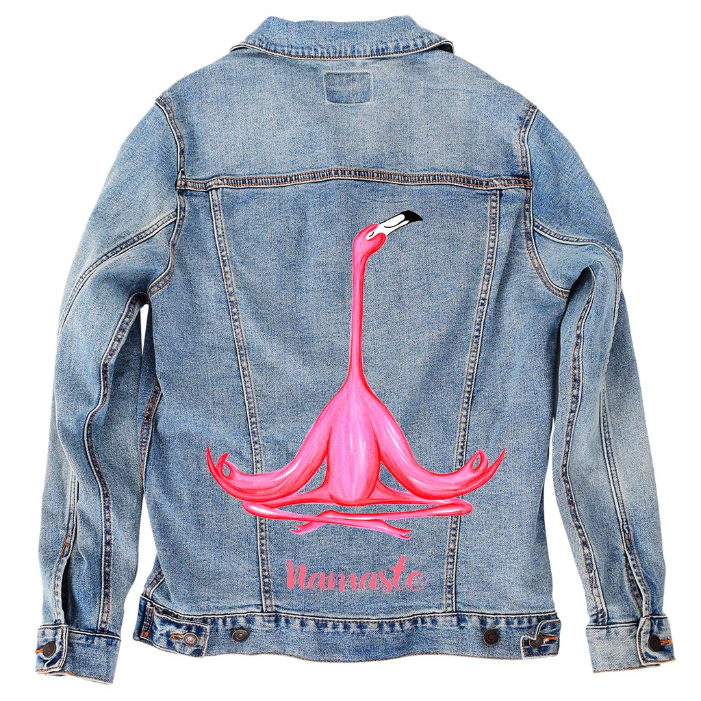 PINK FLAMINGO MEDITATING NAMASTE by AMELIA LEGAULT, digitally printed on DENIM products: throw pillows, aprons, table place mats, and hand-made Unisex Denim Jackets in 3 color choices