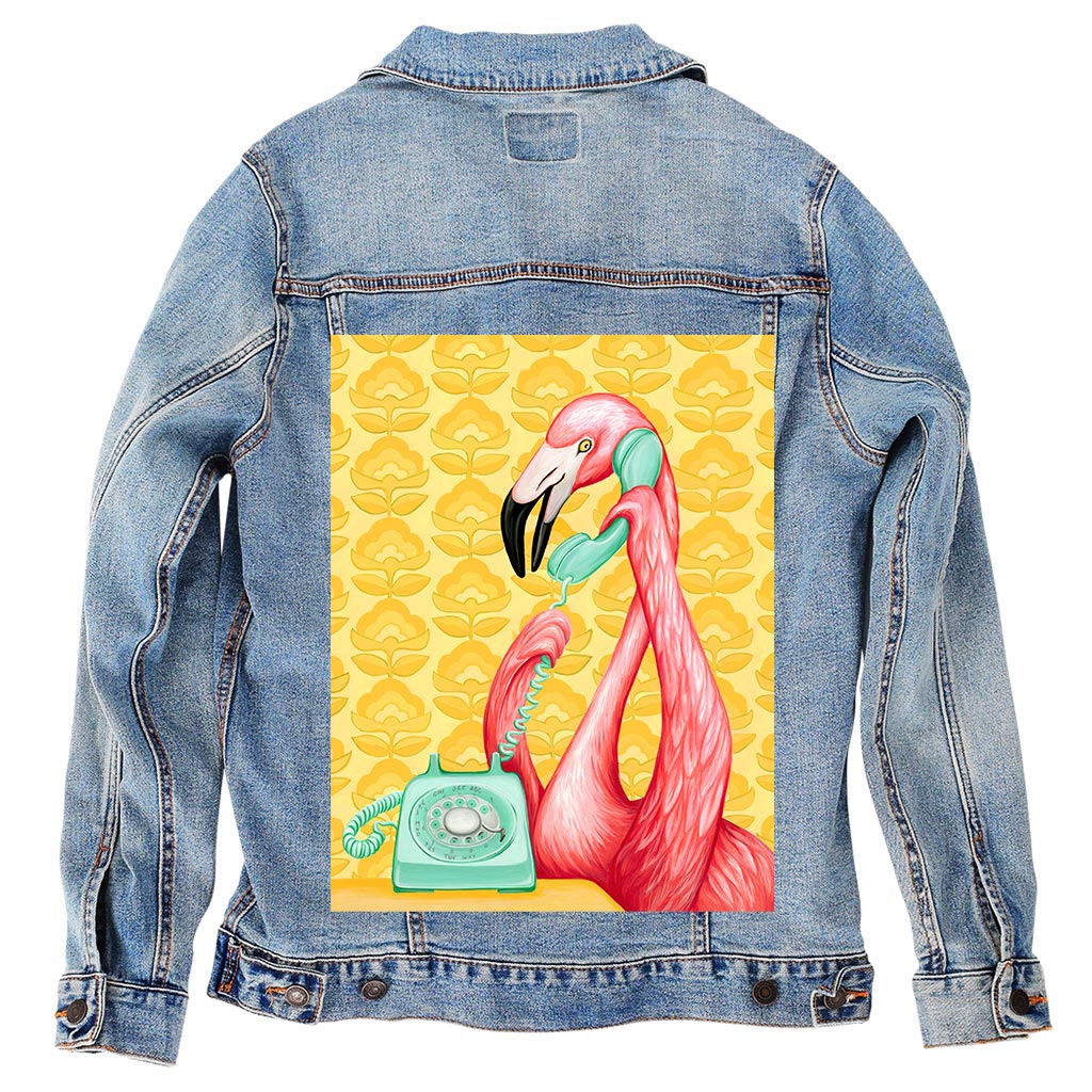 PINK FLAMINGO ON THE PHONE 1 by AMELIA LEGAULT, digitally printed on DENIM products: throw pillows, aprons, table place mats, and hand-made Unisex Denim Jackets in 3 color choices