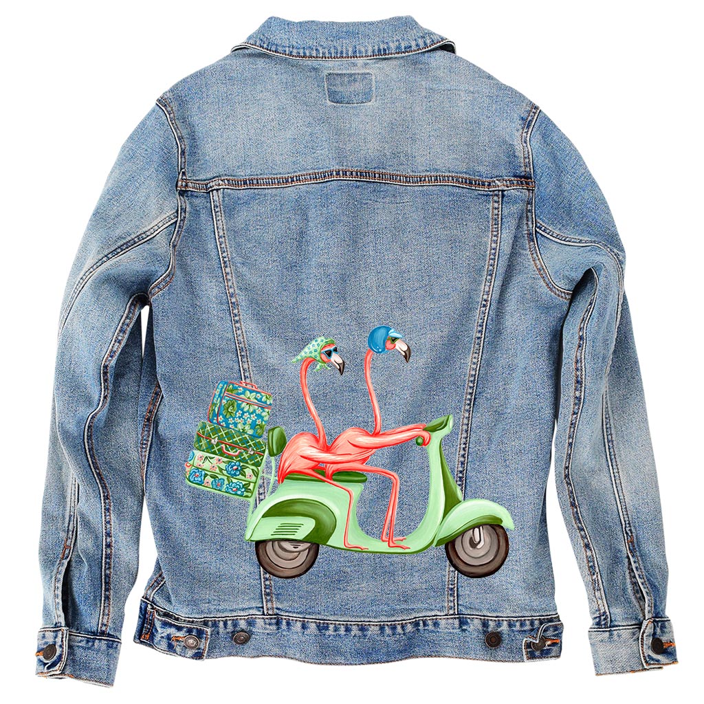 PINK FLAMINGOS RIDING A SCOOTER by AMELIA LEGAULT, digitally printed on DENIM products: throw pillows, aprons, table place mats, and hand-made Unisex Denim Jackets in 3 color choices