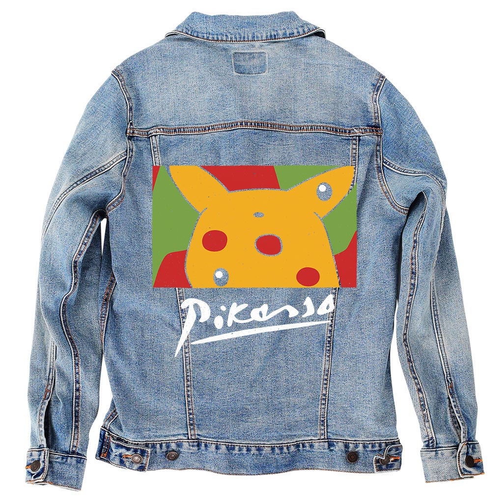 PABLO PIKASSO by TOBE FONSECA, digitally printed on DENIM products: throw pillows, aprons, table place mats, and hand-made Unisex Denim Jackets in 3 color choices