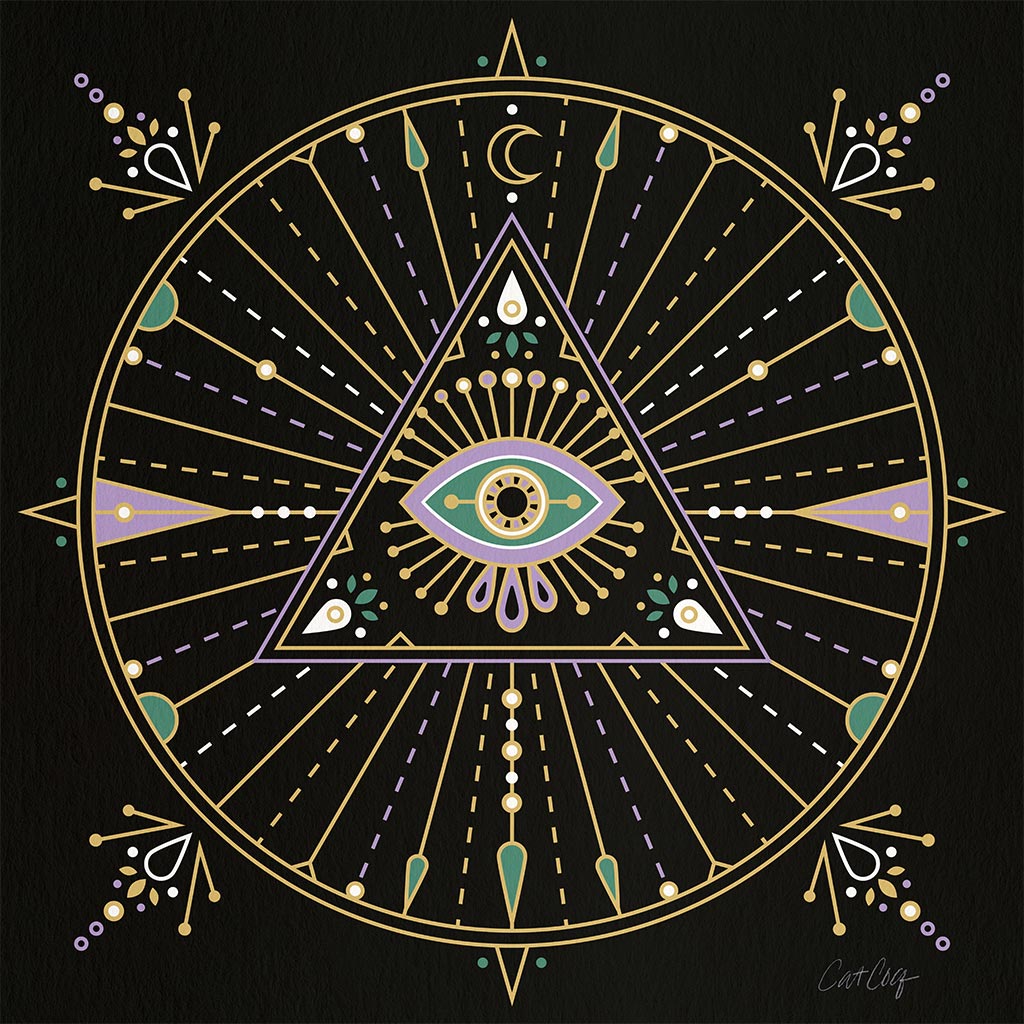 EVIL EYE MANDALA by CatCoq, digitally printed on DENIM products: throw pillows, aprons, table place mats, and hand-made Unisex Denim Jackets in 3 color choices