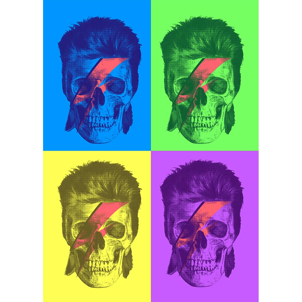 BOWIE POP ART by GRANT SHEPLEY, digitally printed on DENIM products: throw pillows, aprons, table place mats, and hand-made Unisex Denim Jackets in 3 color choices