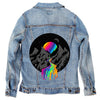 Cosmic River by Grant Shepley, on a hand-made Denim Jacket with 3 color choices: Stonewash, White, or Black. Unisex XS S M L XL 2X 3X. USA hand-made and USA digitally printed. Ships free within the USA &amp; also ships Internationally.