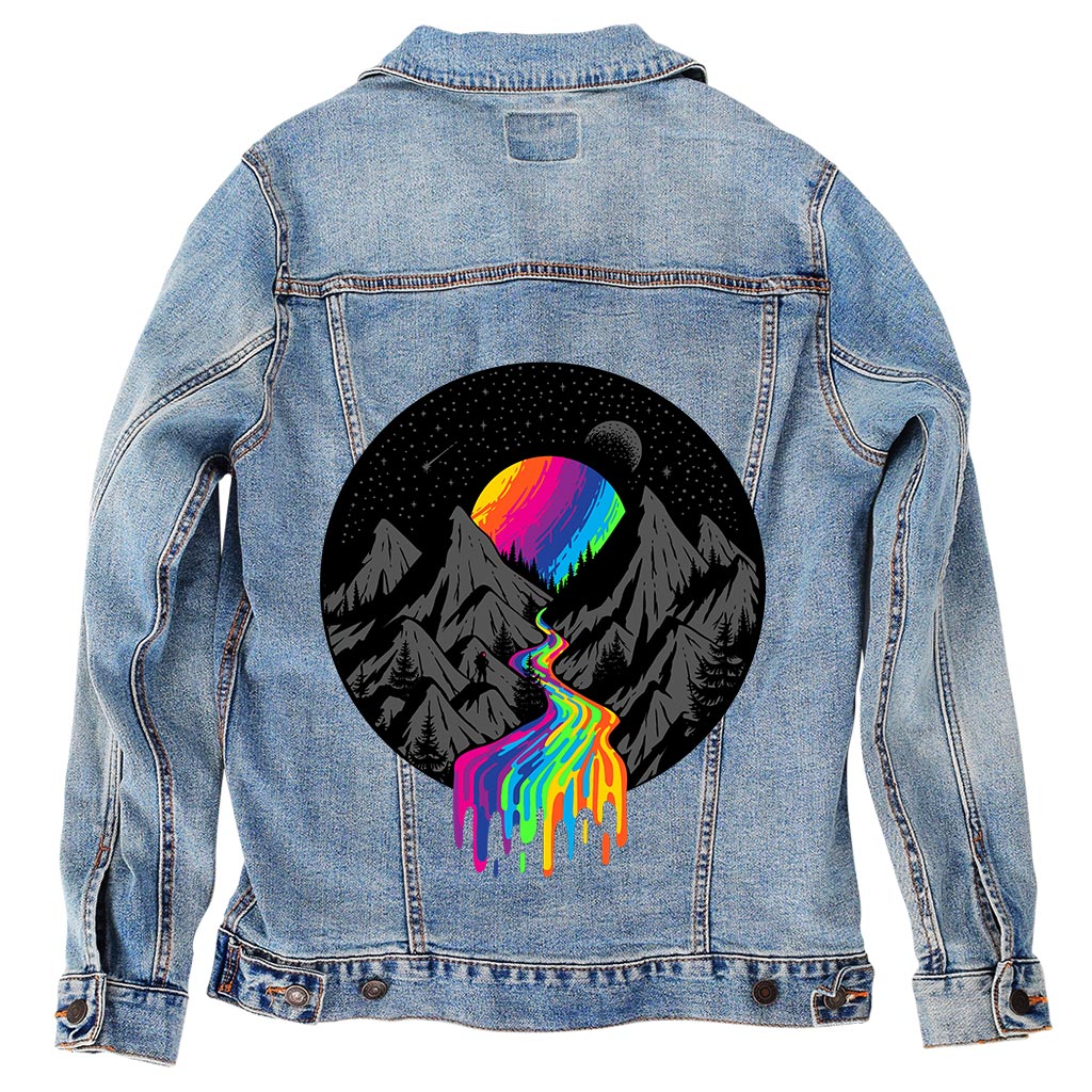 Cosmic River by Grant Shepley, on a hand-made Denim Jacket with 3 color choices: Stonewash, White, or Black. Unisex XS S M L XL 2X 3X. USA hand-made and USA digitally printed. Ships free within the USA & also ships Internationally.