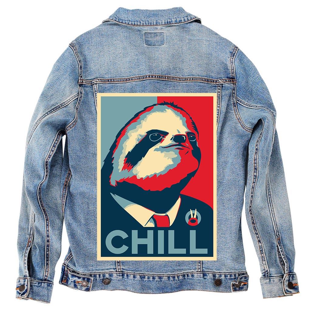 Vote Sloth by Grant Shepley, on a hand-made Denim Jacket with 3 color choices: Stonewash, White, or Black. Unisex XS S M L XL 2X 3X. USA hand-made and USA digitally printed. Ships free within the USA & also ships Internationally.