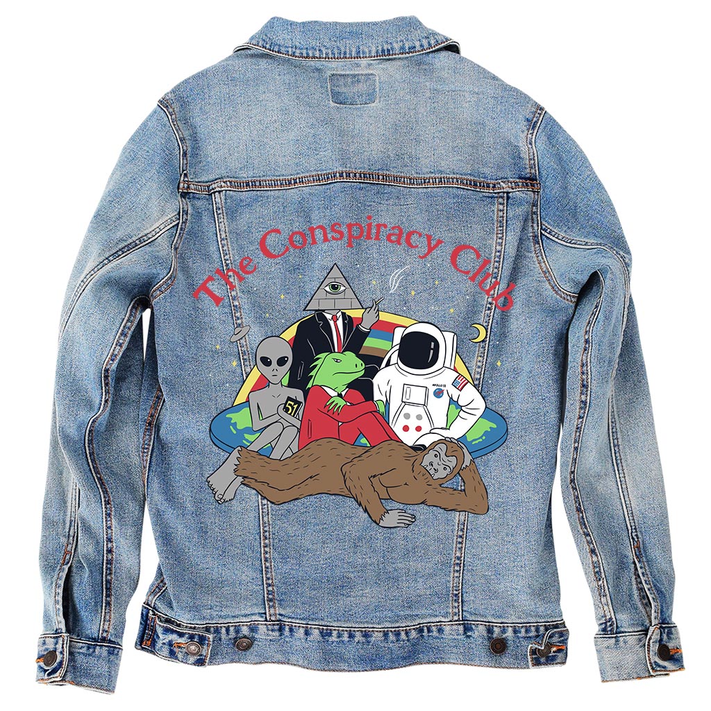 Conspiracy Club by Grant Shepley, on a hand-made Denim Jacket with 3 color choices: Stonewash, White, or Black. Unisex XS S M L XL 2X 3X. USA hand-made and USA digitally printed. Ships free within the USA & also ships Internationally.