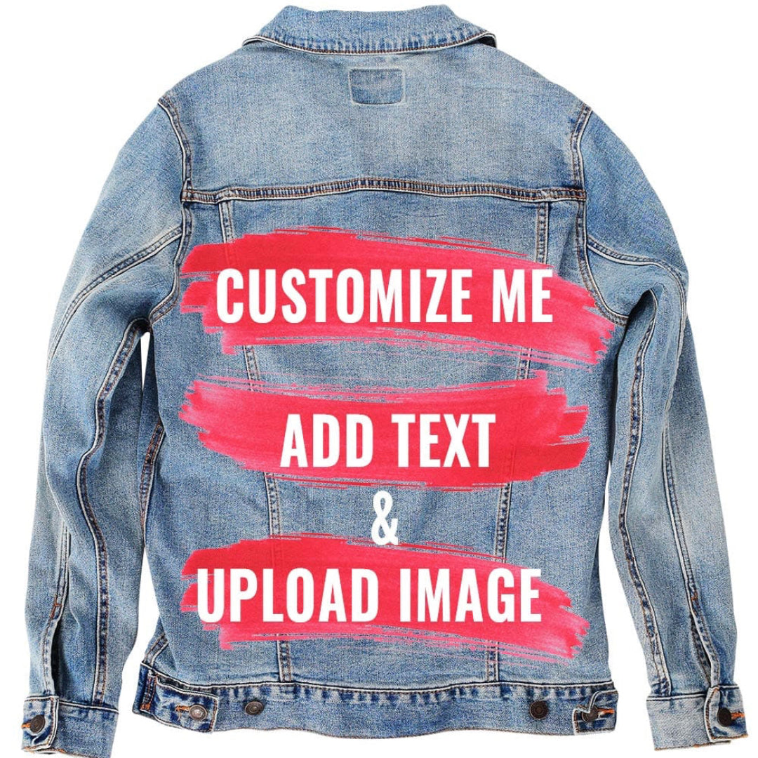 product mockup of a stonewashed denim jacket featuring a pink brushstroke-style customization template reading “Customize Me • Add Text & Upload Image” printed on the back panel by DenimINK. 