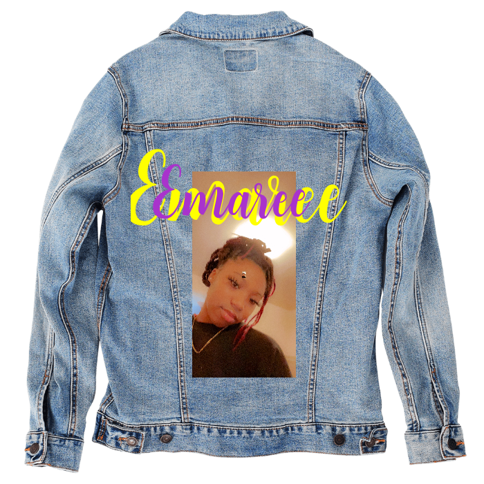 Customer Designed Custom Denim Jacket (hand-crafted) with 3 color choices of jacket: Stonewash, White, or Black. Unisex XS S M L XL 2X 3X. USA hand-crafted and USA digitally printed. Ships free within the USA & also ships Internationally.