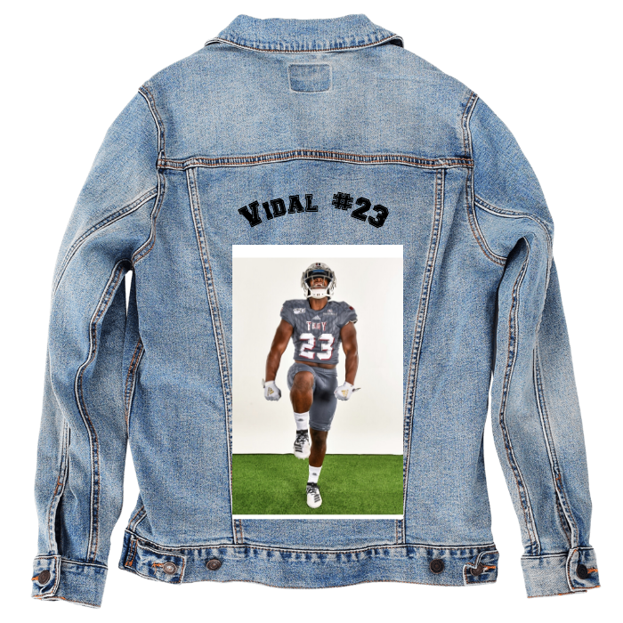 Customer Designed Custom Denim Jacket (hand-crafted) with 3 color choices of jacket: Stonewash, White, or Black. Unisex XS S M L XL 2X 3X. USA hand-crafted and USA digitally printed. Ships free within the USA & also ships Internationally.