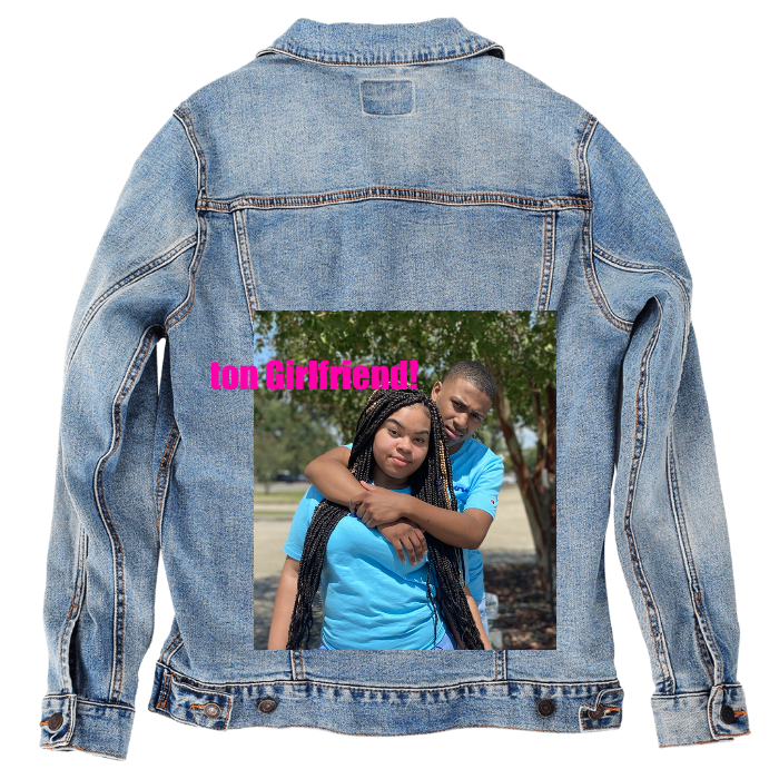 Customer Designed Custom Denim Jacket (hand-crafted) with 3 color choices of jacket: Stonewash, White, or Black. Unisex XS S M L XL 2X 3X. USA hand-crafted and USA digitally printed. Ships free within the USA & also ships Internationally.