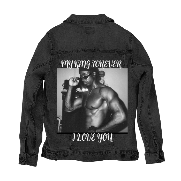 Customer Designed Custom Denim Jacket (hand-crafted) with 3 color choices of jacket: Stonewash, White, or Black. Unisex XS S M L XL 2X 3X. USA hand-crafted and USA digitally printed. Ships free within the USA & also ships Internationally.