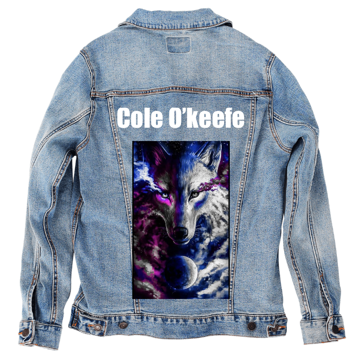 Customer Designed Custom Denim Jacket (hand-crafted) with 3 color choices of jacket: Stonewash, White, or Black. Unisex XS S M L XL 2X 3X. USA hand-crafted and USA digitally printed. Ships free within the USA & also ships Internationally.