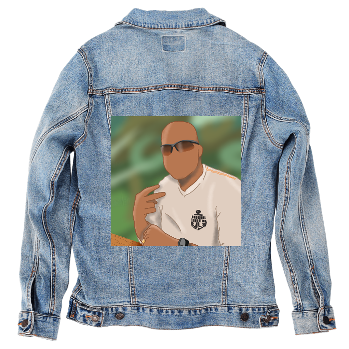 Customer Designed Custom Denim Jacket (hand-crafted) with 3 color choices of jacket: Stonewash, White, or Black. Unisex XS S M L XL 2X 3X. USA hand-crafted and USA digitally printed. Ships free within the USA & also ships Internationally.