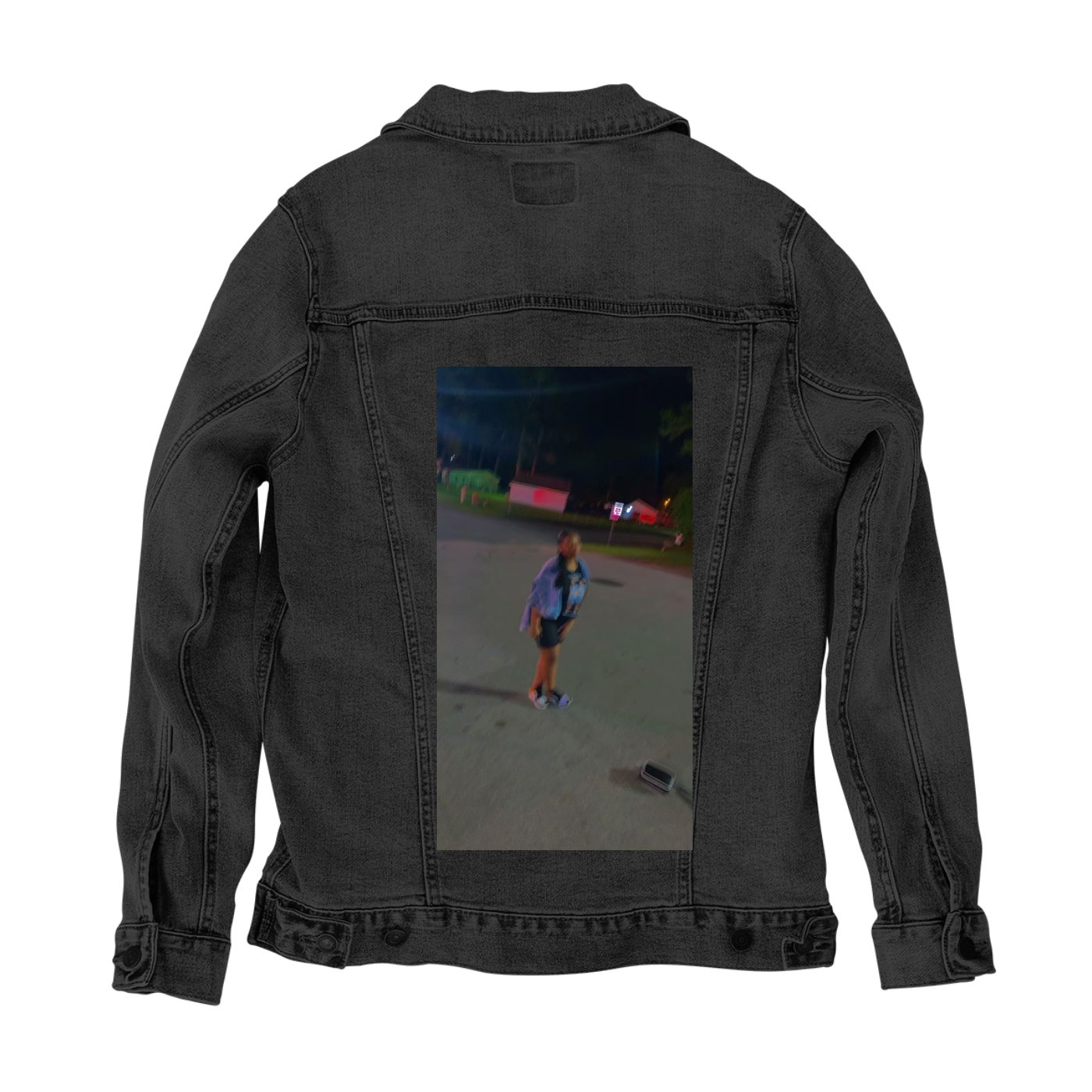 Customer Designed Custom Denim Jacket (hand-crafted) with 3 color choices of jacket: Stonewash, White, or Black. Unisex XS S M L XL 2X 3X. USA hand-crafted and USA digitally printed. Ships free within the USA & also ships Internationally.