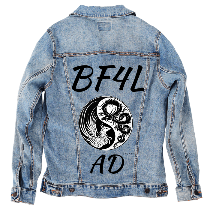 Customer Designed Custom Denim Jacket (hand-crafted) with 3 color choices of jacket: Stonewash, White, or Black. Unisex XS S M L XL 2X 3X. USA hand-crafted and USA digitally printed. Ships free within the USA & also ships Internationally.