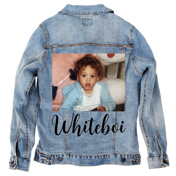 Customer Designed Custom Denim Jacket (hand-crafted) with 3 color choices of jacket: Stonewash, White, or Black. Unisex XS S M L XL 2X 3X. USA hand-crafted and USA digitally printed. Ships free within the USA & also ships Internationally.
