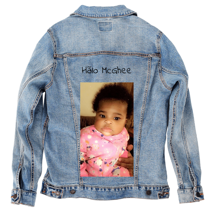 Customer Designed Custom Denim Jacket (hand-crafted) with 3 color choices of jacket: Stonewash, White, or Black. Unisex XS S M L XL 2X 3X. USA hand-crafted and USA digitally printed. Ships free within the USA & also ships Internationally.