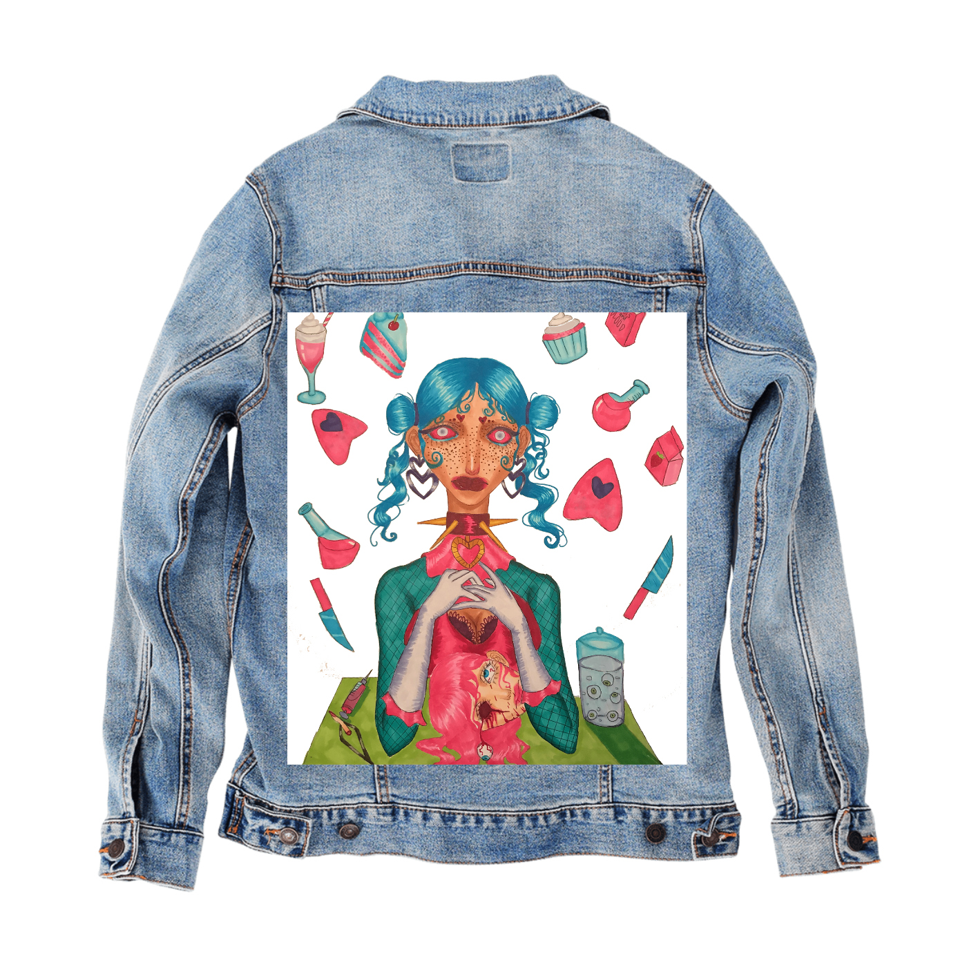 Customer Designed Custom Denim Jacket (hand-crafted) with 3 color choices of jacket: Stonewash, White, or Black. Unisex XS S M L XL 2X 3X. USA hand-crafted and USA digitally printed. Ships free within the USA & also ships Internationally.