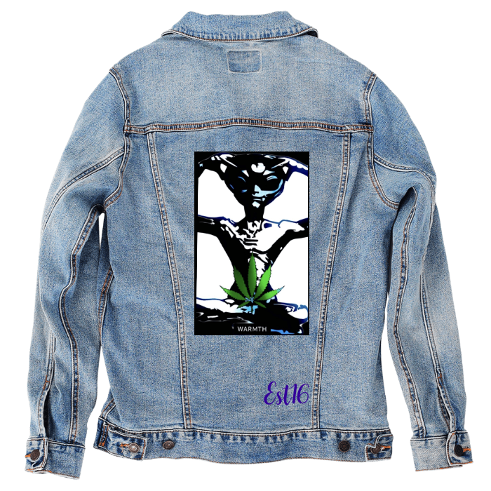Customer Designed Custom Denim Jacket (hand-crafted) with 3 color choices of jacket: Stonewash, White, or Black. Unisex XS S M L XL 2X 3X. USA hand-crafted and USA digitally printed. Ships free within the USA & also ships Internationally.