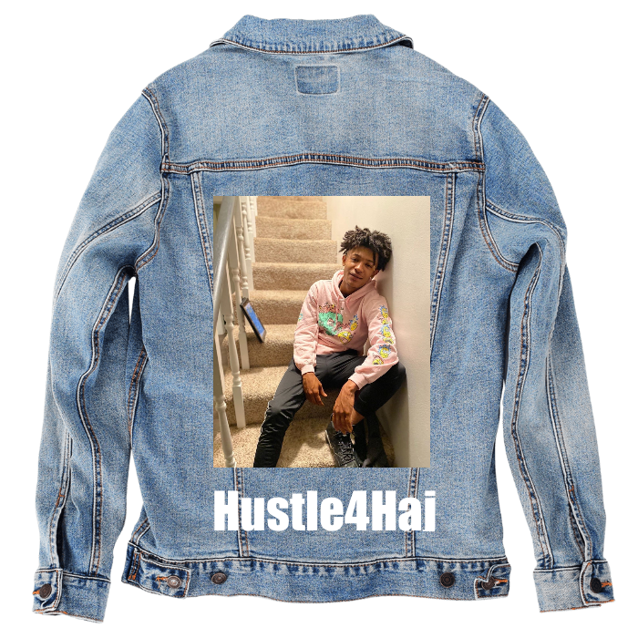 Customer Designed Custom Denim Jacket (hand-crafted) with 3 color choices of jacket: Stonewash, White, or Black. Unisex XS S M L XL 2X 3X. USA hand-crafted and USA digitally printed. Ships free within the USA & also ships Internationally.