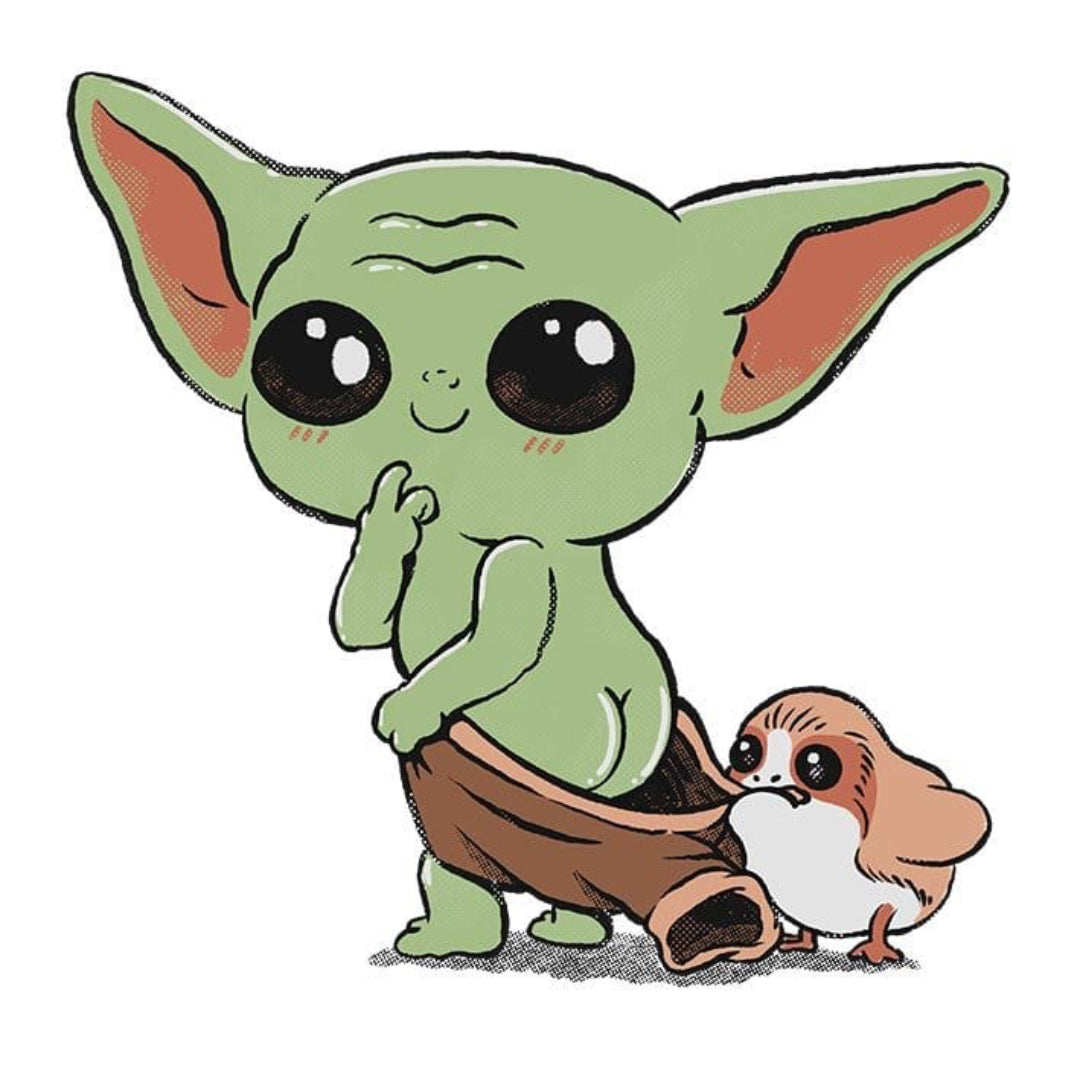 BABY YODA and PORG by PEPE RODRIGUEZ aka PPMID, digitally printed on DENIM products: throw pillows, aprons, table place mats, and hand-crafted Unisex Denim Jackets in 3 color choices