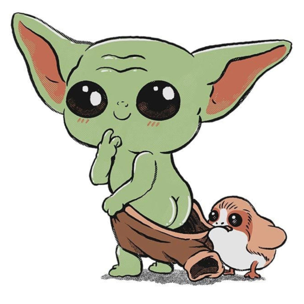 BABY YODA and PORG by PEPE RODRIGUEZ aka PPMID, digitally printed on DENIM products: throw pillows, aprons, table place mats, and hand-crafted Unisex Denim Jackets in 3 color choices