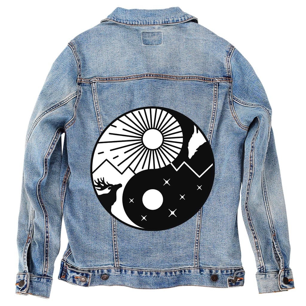 BALANCE by GRANT SHEPLEY, digitally printed on DENIM products: throw pillows, aprons, table place mats, and hand-crafted Unisex Denim Jackets in 3 color choices