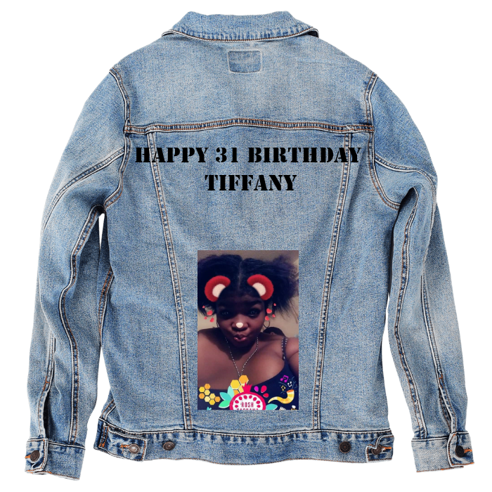 Customer Designed Custom Denim Jacket (hand-crafted) with 3 color choices of jacket: Stonewash, White, or Black. Unisex XS S M L XL 2X 3X. USA hand-crafted and USA digitally printed. Ships free within the USA & also ships Internationally.
