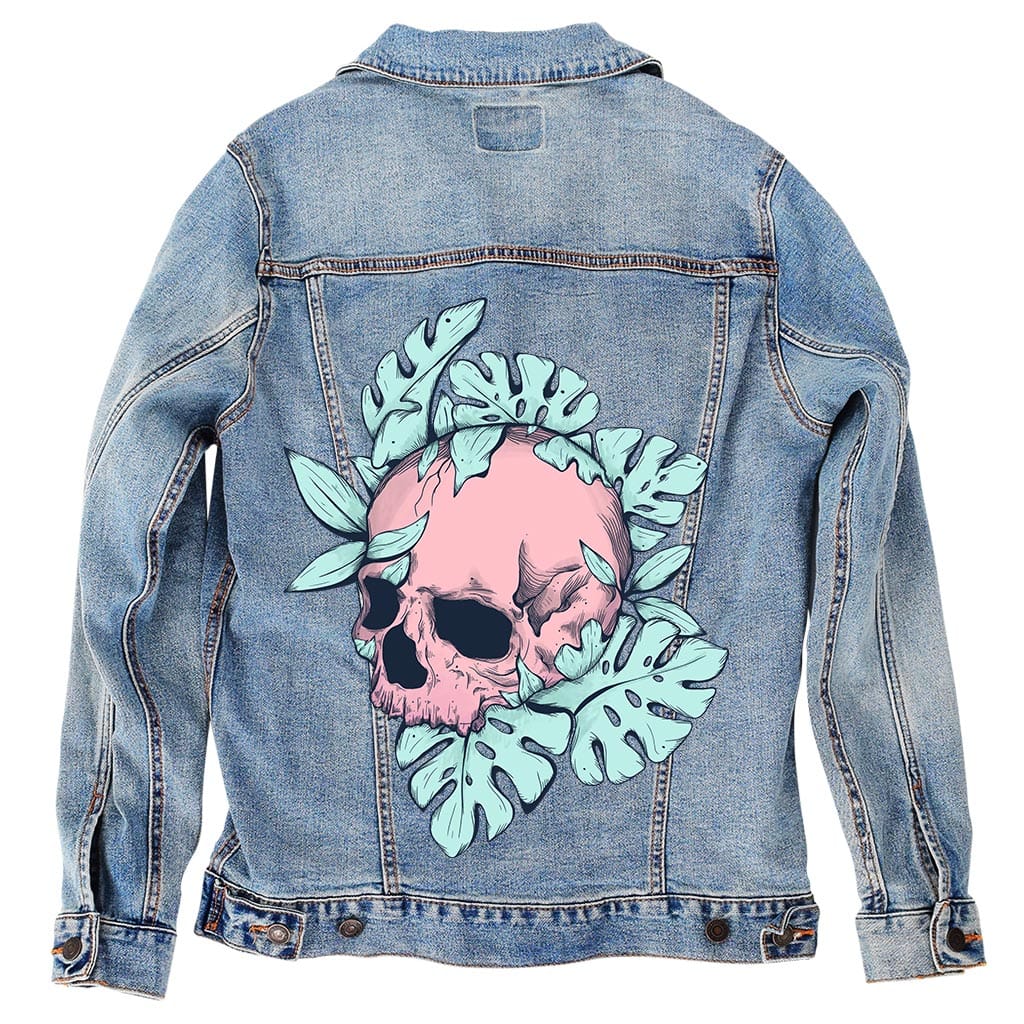 BOTANICAL SKULL by JESS ADAMS, digitally printed on DENIM products: throw pillows, aprons, table place mats, and hand-crafted Unisex Denim Jackets in 3 color choices