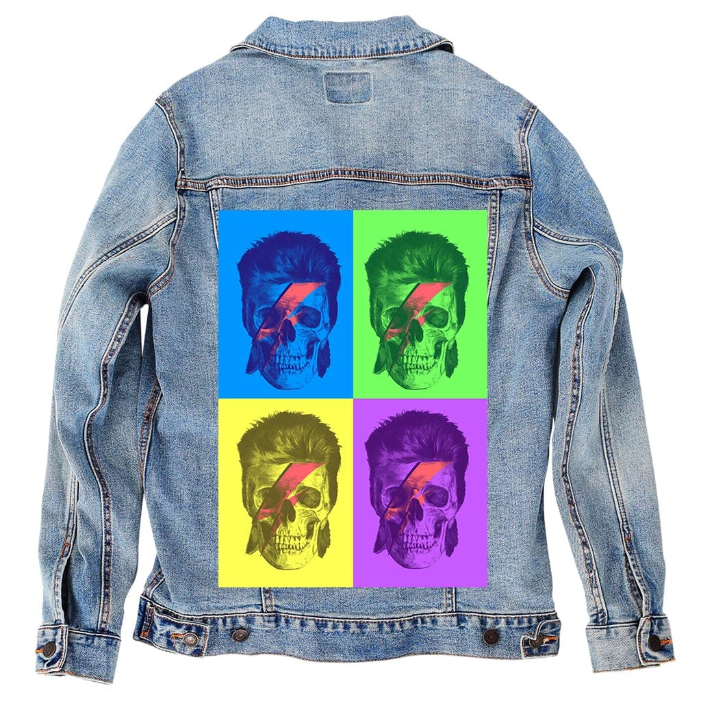 BOWIE POP ART by GRANT SHEPLEY, digitally printed on DENIM products: throw pillows, aprons, table place mats, and hand-crafted Unisex Denim Jackets in 3 color choices
