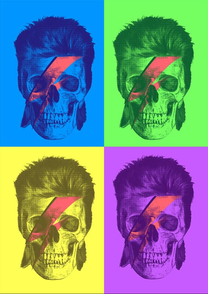A skull with a stylized swept-back hairstyle and a diagonal lightning bolt across the face, presented in a four-panel grid. Each panel shows the same skull rendered in different color schemes: blue, green, yellow, and purple backgrounds with contrasting tinted skulls. The lightning bolt is bold and angular, cutting from the forehead down across one eye socket. This artwork is titled “Bowie Pop Art” and created by Grant Shepley