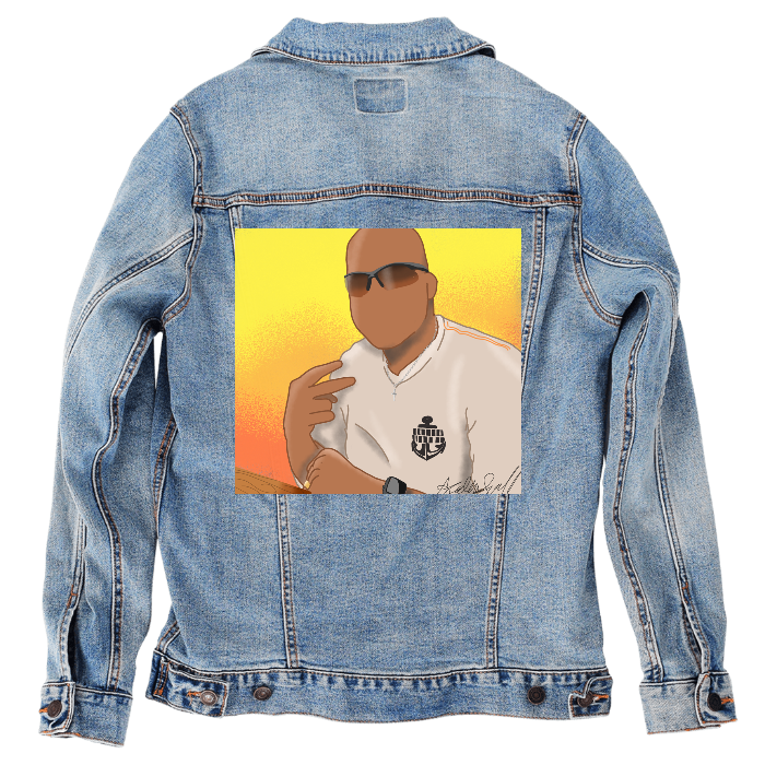 Customer Designed Custom Denim Jacket (hand-crafted) with 3 color choices of jacket: Stonewash, White, or Black. Unisex XS S M L XL 2X 3X. USA hand-crafted and USA digitally printed. Ships free within the USA & also ships Internationally.