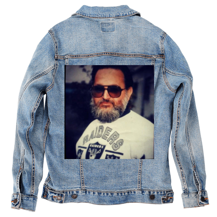 Customer Designed Custom Denim Jacket (hand-crafted) with 3 color choices of jacket: Stonewash, White, or Black. Unisex XS S M L XL 2X 3X. USA hand-crafted and USA digitally printed. Ships free within the USA & also ships Internationally.