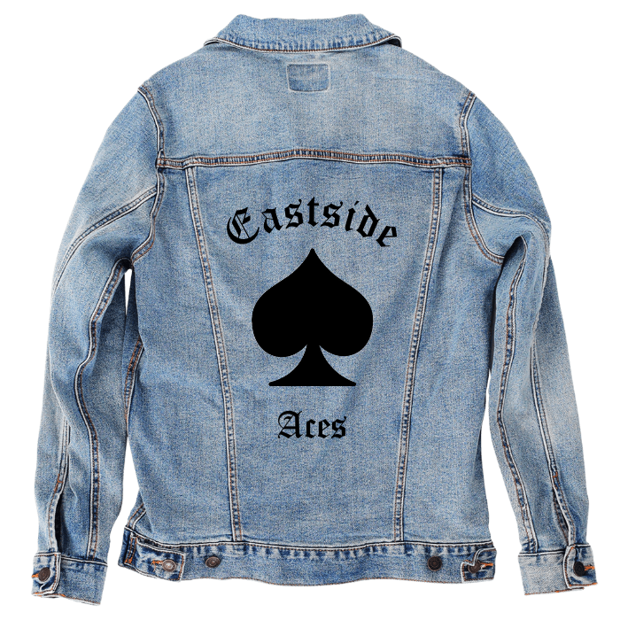 Customer Designed Custom Denim Jacket (hand-crafted) with 3 color choices of jacket: Stonewash, White, or Black. Unisex XS S M L XL 2X 3X. USA hand-crafted and USA digitally printed. Ships free within the USA & also ships Internationally.