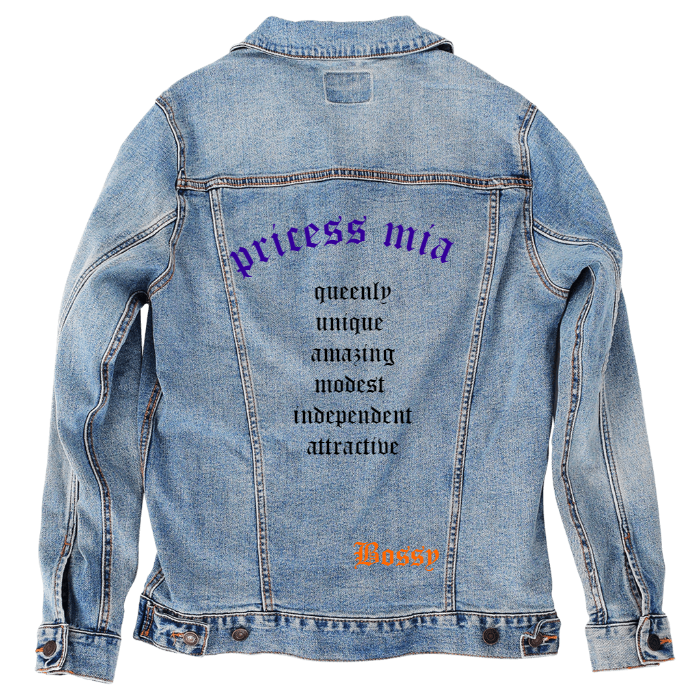 Customer Designed Custom Denim Jacket (hand-crafted) with 3 color choices of jacket: Stonewash, White, or Black. Unisex XS S M L XL 2X 3X. USA hand-crafted and USA digitally printed. Ships free within the USA & also ships Internationally.